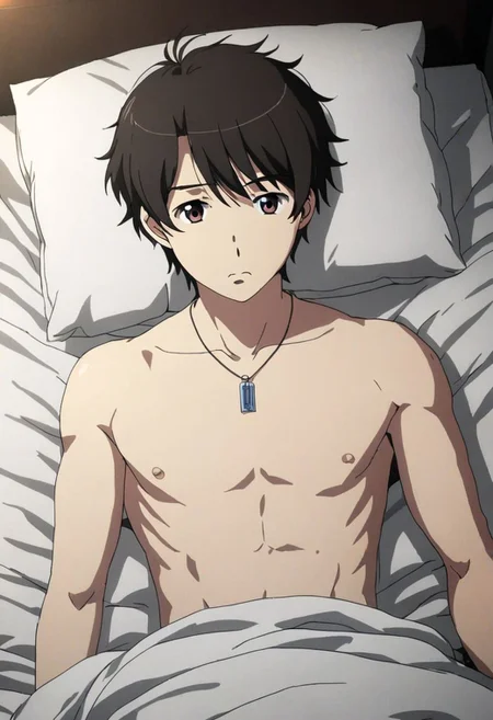 high resolution, solo, best quality, 1Boy, Inaho Kaizuka, Black Hair, Brown Eyes, bedroom, dimly lit, pillow, blanket, necklace, upper body quarter, sexual stimulation, tissue, sex toys, climax, masturbation, shirtless, sixpack, OverallDetail