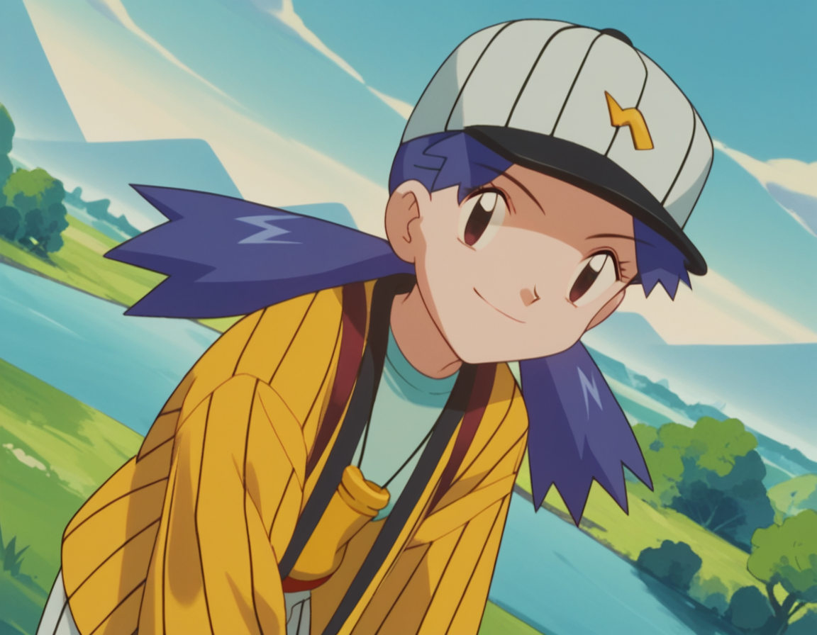score_9, score_8_up, score_7_up, source_anime,
pokemoncasey, <lora:pokemon-casey-anime-ponyxl-lora-nochekaiser:1>,
casey, long hair, twintails, blue hair,
shirt, long sleeves, hat, striped, white headwear, baseball cap,
landscape, smile, bent over,
looking at viewer, cowboy shot, dutch angle, solo,