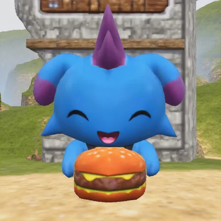 n64style. blue Depresso eating a burger, low resolution, crt scanlines, low poly