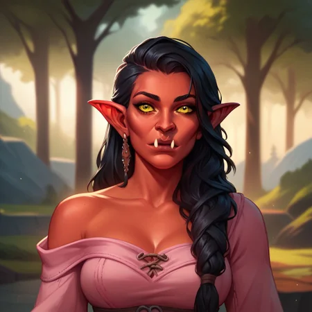 (((beautiful, high quality))), upper body, score_9, score_8_up, score_7_up, solo,
looks at the viewer,
Hobgoblin, red skin, fangs, big nose, 1girl, yellow eyes, long black hair, pink dress,
outdoor, fantasy background, nature, blurred background,