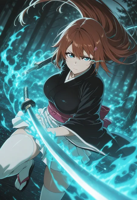 masterpiece, best quality, amazing quality, vslinxbleachtybw style, absurdres, perfect face, detailed face, eye_focus, 4ur4_illu,shiny,
(Girl:0.0), 1girl, cute, attractive, brown hair, long hair, very long hair, bangs, hairclip, grey eyes, ultra-detailed anime eyes, eye trail, large breasts, kimono, dark kimono, Wide sleeves, sash, obi,  white skirt, white knee high stocking, sandals, katana, sheathed,
(Pose:0.0), ((looking at viewer)), fighting stance, windy, dynamic pose, dynamic composition, katana, green flames, blue flames, 
(Emotion:0.0) serious, eyes open, closed mouth, furrowed brow, 
(Scene:0.0), cowboy shot, from front, dutch angle, outdoors, windy, maple tree, maple leaves, scenery, detailed background, depth of field, flame_theme, dark_theme, detailed backgroud, aesthetic,