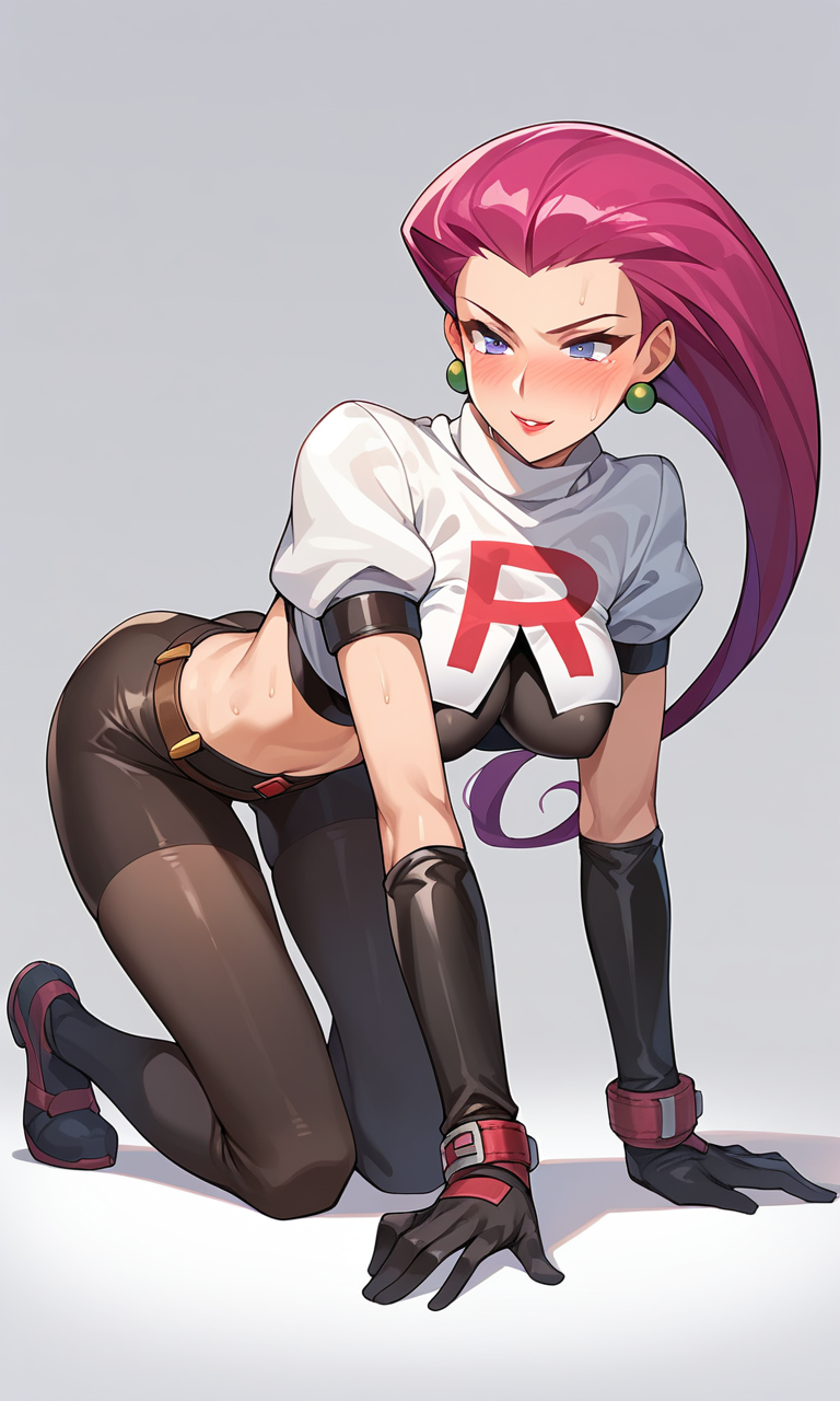 source_anime, ((score_9)),score_8_up,score_7_up,score_6_up,score_5_up,score_4_up, Jessie\(Pokemon\), BREAK, 1woman, impossible clothes, crop top, leggings, blushing, full-face_blush, all_fours, humiliation, slave, bdsm, crawling, blush, pet_play, (all_fours:1.2)