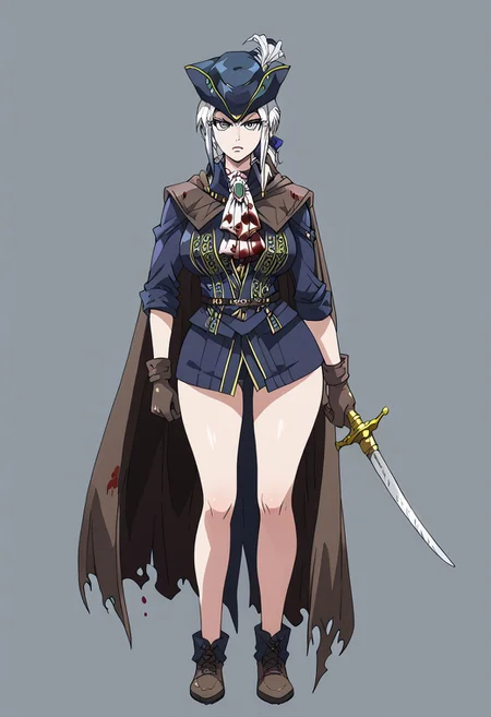 score_9, score_8_up, score_7_up, score_6_up, simple background, character sheet, looking at viewer, full body, 1girl, solo, character sheet, reference sheet, screencap ,MirandaPXL,1girl, solo, lady maria, white hair, grey eyes, tricorne, gloves, hat feather, ascot, ponytail, cape, gloomy, dim, blood, kuudere, cute, indoors, big breasts, seductive, thighs, legs, wide hips, one hand in hip, one hand with a sharper sword
