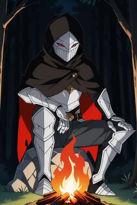 umbralknight, solo, simple background, 1boy, looking at viewer, full body, red eyes, male focus, hood, cape, armor, black background, gauntlets, mask, cloak, hood up, hooded cloak, anime_coloring, anime_screencap,
BREAK
sitting, sitting on rock, arm on knee,
BREAK
outside, forest, bonfire, night
BREAK
masterpiece,best quality,absurdres,very aesthetic,perspective, <lora:umbralknight_IL_Lora_v1:1> <lora:Lune_soft_style:1>
