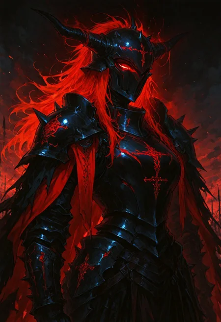 (masterpiece), (best quality), (ultra-detailed), amazing quality, very aesthetic, illustration, newest, upper body, colorful, vibrant, looking to the side, (oil painting:1.1), cinematic lighting, <lora:Avarice:1>, edgeofavarice, avarice, glowing red runes, dark fantasy,
1girl, solo, cape, owl_emblem_on_cape long sleeves, faulds, horned helmet, full_helmet, black and red armor, spiked armor, spiked gauntlets, spiked helmet, full_armor, full_plate_armor, horned_helmet, black_armor, spiked_shoulders, clawed_gauntlets, cursed_emblem, segmented_faulds, tattered_cape, aura_of_dread, intimidating_presence, hellish_glow, massive_blade, battlefield_setting, heavy_armor, red hair