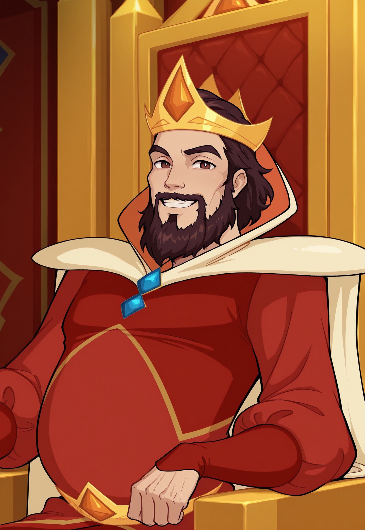 solo, masterpiece, 1boy, male, w0lfc0nf

WinxErendor, dark brown hair, beard, crown, cape, red outfit, headshot, looking at viewer, smiling, throne room, face focus
