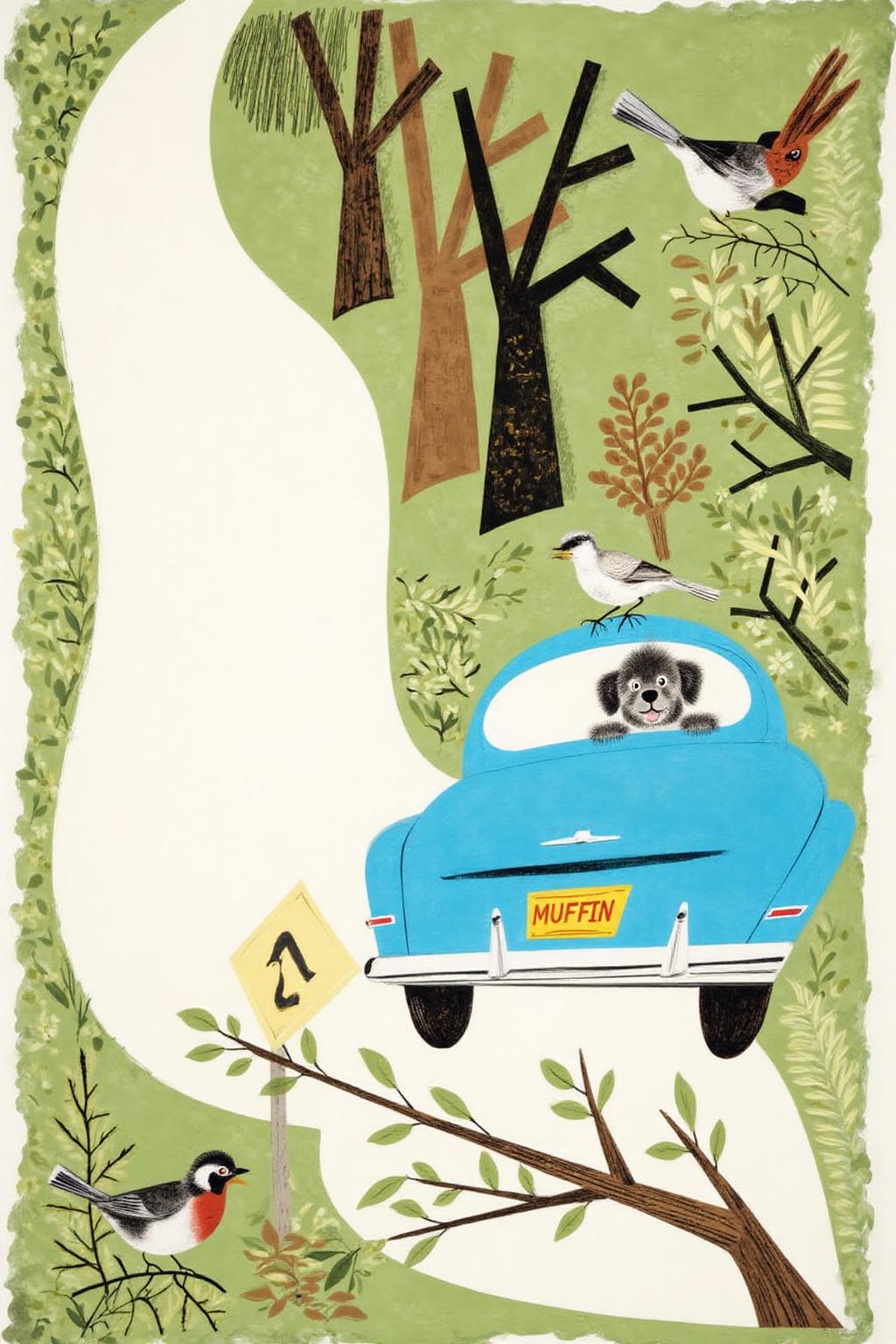 leowe1 illustration.
The main subject is a bright blue vintage car with a yellow license plate reading "MUFFIN." The car is driving forward on a winding, curved path that cuts through a stylized, simplified landscape. The car's rear is visible, with the back window showing a fluffy, black and white dog's face, looking out curiously. In the forground we see a tree branch with two birds on it. <lora:gwonder1_cap_d6a3e15:1.0><lora:826570609631907140:0>