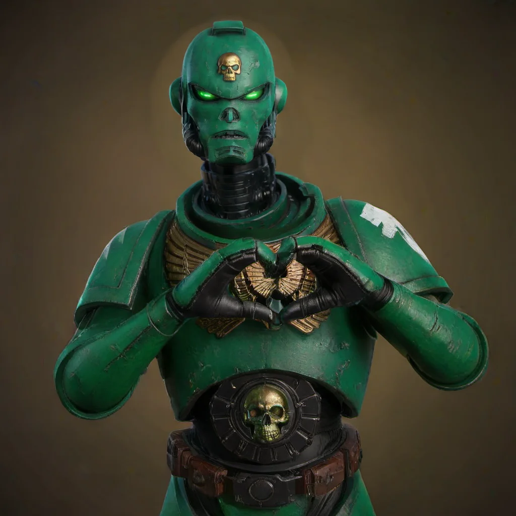 a green spacemarine robot, makes a heartshaped sign, steampunk war background, dust, skulls <lora:SpaceMarine1024:0.9>