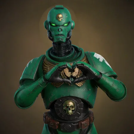 a green spacemarine robot, makes a heartshaped sign, steampunk war background, dust, skulls <lora:SpaceMarine1024:0.9>