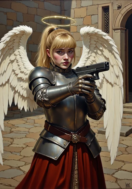 high renaissance oil painting of an angel with a halo over her head, traditional medieval knight's armor, large unfurled wings, aiming a matte black glock g17model pistol, standing in a medieval courtyard, she has blonde ponytail with bangs<lora:Halo Angels improved_divine protector.safetensors:1.0:1.0> <lora:Glock (G17)_epoch_12.safetensors:1:1>