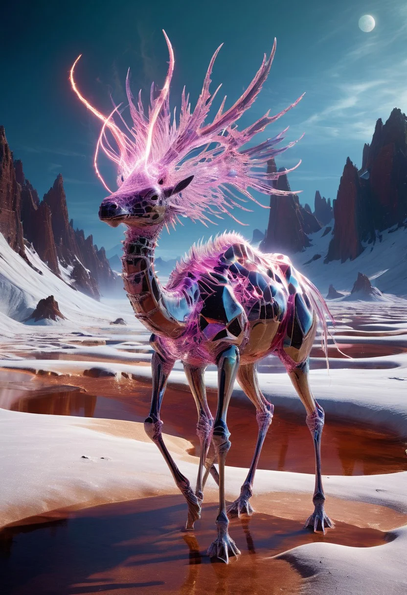 white desert oasis, salty earth, hyper detailed, rusty, striking, animalistic, bite-sized, by Floris van Schooten and by richard avedon, famous artwork inspired by (beeple:1.3) and (cliff nielsen:1.4), crystalline, fractal art, fantasy style, this peculiar life form, the "inquisitive plerkblortz" hides in the gnarling dense crystal jungles of the puffalorpled exoplanet "gazorpazorp secundus", covered in a metallic exoskeleton it ambushes its prey with (long crystalline appendages:1.4), dark, shadows, black, shadow hues, highly artistic, highly painterly, harmonic colors, expressive, ultimate aesthetic level, visible brushstrokes, masterclass artistry, vibrant energy, apocalyptic mood, atmospheric haze and dense fog, strong winds, highly aesthetic, otherworldly, limited palette, faded colors, washed out colors, extremely dark, extremely low key lighting, dark shadows, perfect composition, full panoramic shot translucent, transparent, glowneon, glowing, sparks, lightning