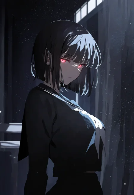 masterpiece, best quality, newest, absurdres, highres, very awa, anime screencap, indoors, curtains, school, shadow, anime screencap, snowing, winter, 1girl, looking at viewer, window, black hair, bob cut, short hair, floating hair, upper body, school uniform, looking at viewer, short sleeves, glowing eyes, closed mouth, expressionless, from side, blunt bangs, looking to the side, ambient occlusion, intricate background, low lighting, rim light, ethereal glow, ethereal particles, dappled light, highly detailed, high shot, dark background, simple background, cowboy shot, blurry, motion blur,