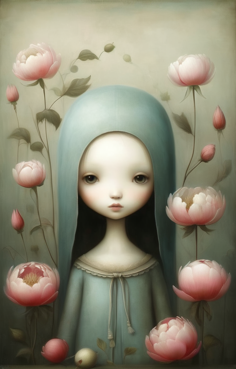 masterpiece,best quality,<lora:tbh340-sdxl:0.75>,illustration,style of Nicoletta Ceccoli, decaying peonies