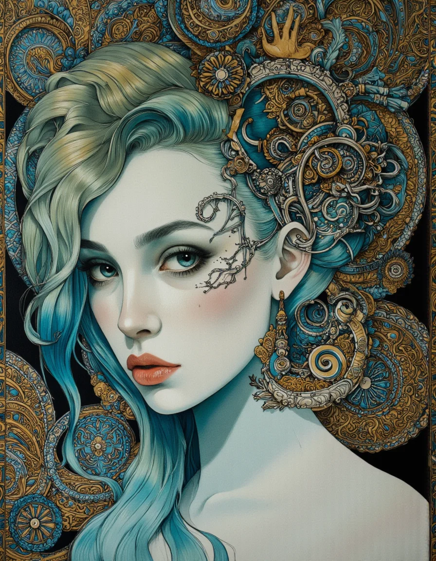 Art by Alessandro Barbucci.
Ethereal minimalist Alien race cybergoth fashion photography painting, in the style of teal and gold, use of palette knives, waist-high portrait, intricate, sharp_focus, concept_art, background zentangle fog,