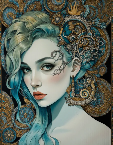 Art by Alessandro Barbucci.
Ethereal minimalist Alien race cybergoth fashion photography painting, in the style of teal and gold, use of palette knives, waist-high portrait, intricate, sharp_focus, concept_art, background zentangle fog,