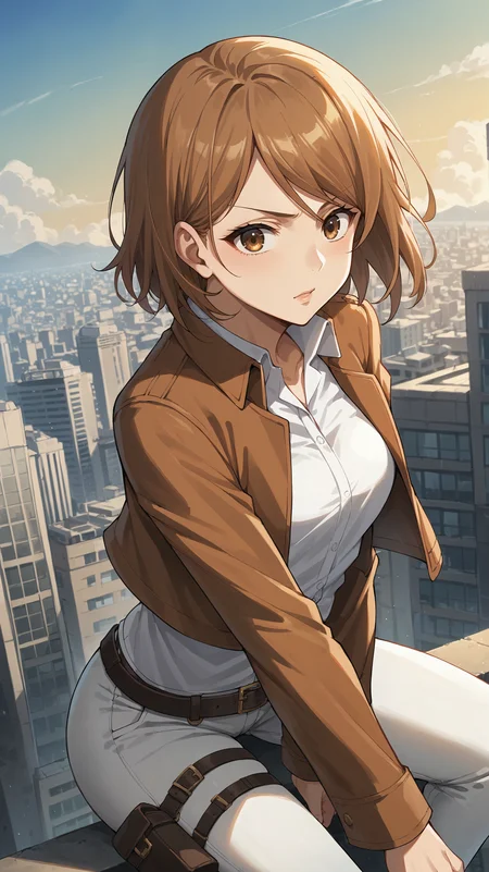 score_9,score_8_up,score_7_up,score_6_up, <lora:xl_more_art-full_v1:0.5>, source_anime, girl, dynamic pose, leaning forward, <lora:Petra Ral - Pony-000004:0.8>, medium hair, brown hair, brown eyes, cropped jacket, brown jacket, open jacket, white shirt, collared shirt, long sleeves, belt, straps, white pants, skyscraper, rooftop, horizon,