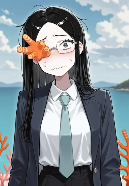 masterpiece, best quality,                 1girl, solo,       CoralGlasses, black hair, straight hair, coral, glasses,            blazer, white shirt, tie, shirt tucked in,             nervous, wavy mouth, looking at viewer,      clouds,  blurry background,
