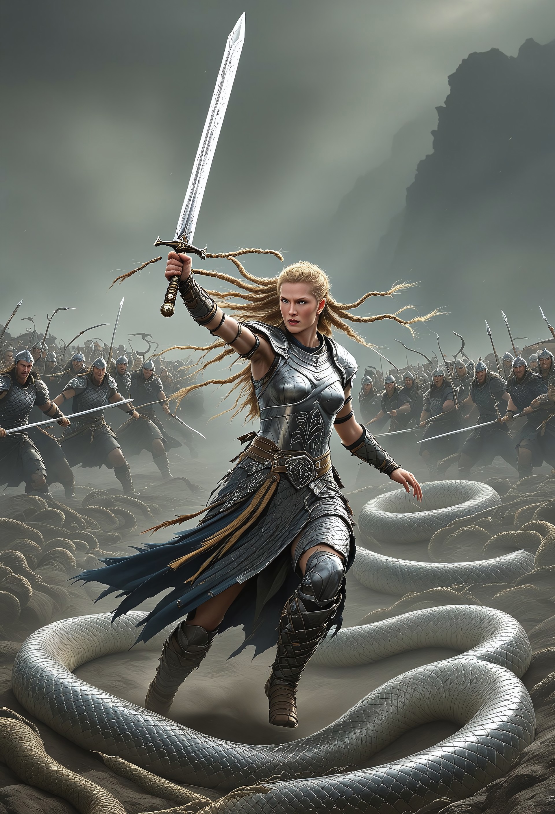 Sinoink VALHERO a shieldmaiden holding a sword running through snakes at the battle of ragnarok