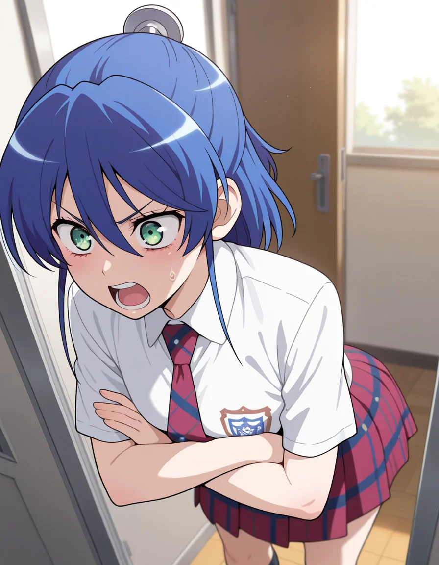 masterpiece,best quality,amazing quality, very aesthetic, 1girl, very awa, absurdres, highres, newest, solo,
<lora:Nagisa_Aizawa:1>nagisa,blue hair, short hair,green eyes, hair ornament,plaid tie, white shirt, plaid skirt,black socks,loftwear,
angry, leaning against, open door, crossed arms, open mouth, classroom,