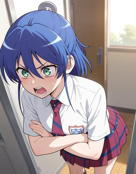 masterpiece,best quality,amazing quality, very aesthetic, 1girl, very awa, absurdres, highres, newest, solo,
<lora:Nagisa_Aizawa:1>nagisa,blue hair, short hair,green eyes, hair ornament,plaid tie, white shirt, plaid skirt,black socks,loftwear,
angry, leaning against, open door, crossed arms, open mouth, classroom,