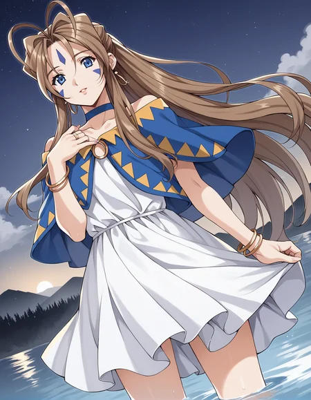 score_9, score_8_up, score_7_up, score_6_up, score_5_up, score_4_up, source_anime, rating_safe, BREAK <lora:belldandyXL_LoRA-C3Lier_AdamW_Dim8_Alpha8_UN-3e-4_TE-1e-4_10batch_ponyDiffusionV6XL_v6StartWithThisOne:1>, belldandy, 1990s (style), 1girl, blue eyes, long hair, antenna hair, brown hair, facial mark, forehead mark, blue cape, frilled sleeves, frilled dress, two-tone dress, white dress, blue dress, jewelry, earrings, choker, ring, bracelet, looking at viewer, from below, dutch angle, wading, lake, fog, night, night sky, moonlight