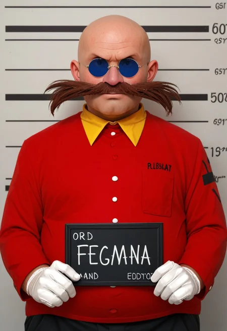 Classic_dr_Eggman, 1boy, solo, rgloves, glasses, white gloves, facial hair, yellow collar, round eyewear, mustache, bald, red shirt, upper body, chubby male, mugshot, holding sign