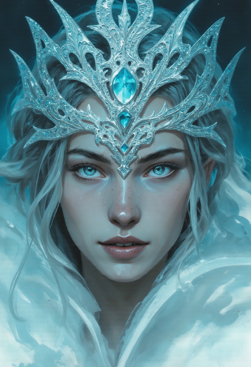 a highly detailed digital illustration in a fantasy style, featuring a close-up of a woman with striking blue eyes. she has light skin, full lips, and her hair is partially covered by an intricate, sparkling silver crown adorned with large turquoise gemstones. her makeup is subtle, enhancing her natural beauty with a focus on her eyes. surrounding her are snowflakes and a misty, wintry atmosphere, with soft blue and white hues dominating the background. the overall mood is ethereal and regal, evoking a sense of magic and otherworldliness.