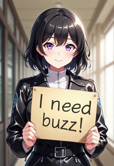 masterpiece, best quality, Ray tracing, hdr, volumetric lighting, highres, detailed background, source_anime, detailed eyes, female, early 20's age, shoulder length black hair, purple eyes, begging, attractive, black leather jacket, biker's outfit, smiling, (need_buzz), holding sign, solo, looking at viewer
