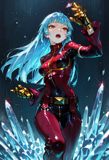 masterpiece, best quality, very aesthetic BREAK dino \(dinoartforame\), horror \(theme\), gritty, faux traditional media, painting \(medium\) BREAK 1girl, solo, kula diamond, 1girl, solo, long hair, blue hair, gloves, breasts, zipper, red eyes, bangs, chaps, red lavender bodysuit, gloves, gold gloves, mechanical gloves,belt, covered navel, dynamic pose, ice, ice effects, open mouth,
<lora:noob05-dinoartforame-jan30v2-step00002464:1>