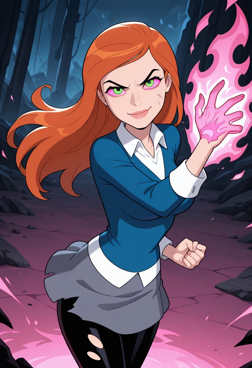 gwenuaf, 1girl, long hair, solo, green eyes, orange hair, lips, breasts, collared shirt, long sleeves, blue shirt, white shirt collar, dark grey skirt, black pants,, smile, torn clothes, battle damage, angry, fighting, pink powers, glowing eyes, pink sclera,pink fire in hands,   solo,, orange hair, lips, breasts, smile , masterpiece, best quality, amazing quality, very aesthetic, absurdres, newest, battle background,