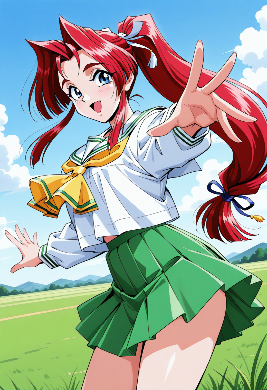 yokoyama_megumi, blue eyes, red hair, long hair, ponytail, low-tied long hair, hair ribbon, school uniform, serafuku, white sailor collar, yellow neckerchief, white shirt, long sleeves, green skirt, pleated skirt, <lora:Graduation_yokoyama_megumi_illustrious_ver1:0.8> 
smile, open mouth,, masterpiece, best quality, sensitive,, 1girl, solo, blue sky, (grasslands:1.2), looking at viewer,, (cowboy shot, dynamic pose:1.4),