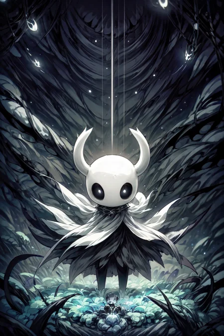 1boy,hollow knight,bug,white horns,black coat,thorns,black energy,dark particles,angry,power,aura,floating,masterpiece,extremely detailed CG unity 8k wallpaper, best quality,32k,focus sharp, <lora:空洞骑士V1128:1>, <lora:add_detail:1>