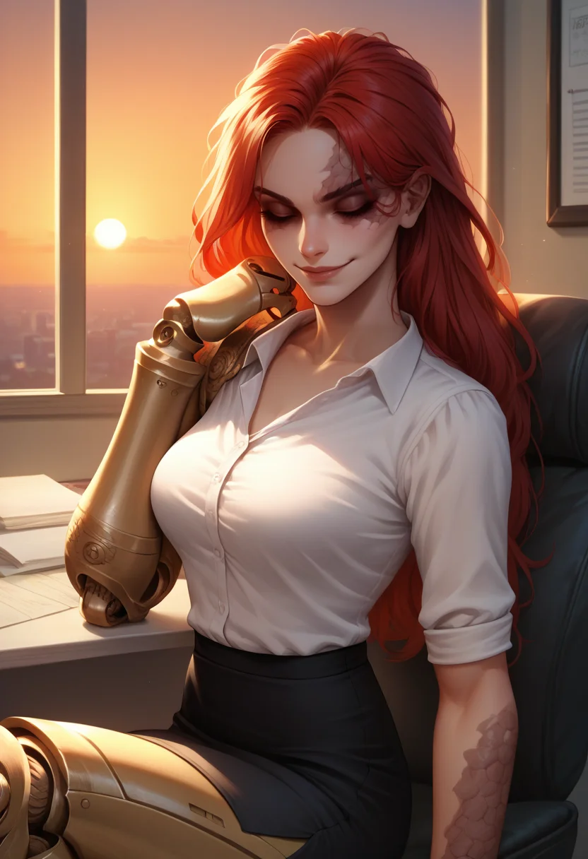 score_9, score_8_up, score_7_up, 1girl, MaleniaRot, red hair, eyes closed, scar on face, single scar on arm, single mechanical arm, mechanical legs, <lora:Malenia_pdxl_Incrs_v2:1>, office lady, pencil skirt, white shirt, elbow rest, sitting, sunset, office, seductive smile,