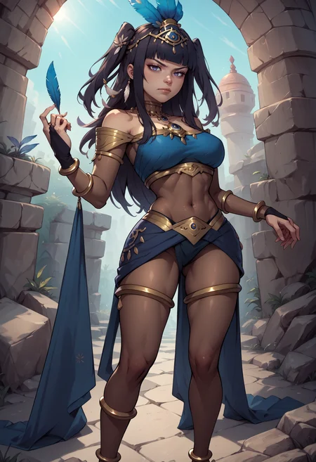 score_9, score_8_up, score_7_up, score_6_up, score_5_up, score_4_up, rating_questionable, BREAK, arms at her side, <lora:tharja-pdxl-nvwls-v1:.95> plegianTh, two side up, hair ornament, feather hair ornament, bodystocking, bracelet, gold jewelry, bridal gauntlets, anklet,, jealous <lora:mfcgXL:.5>