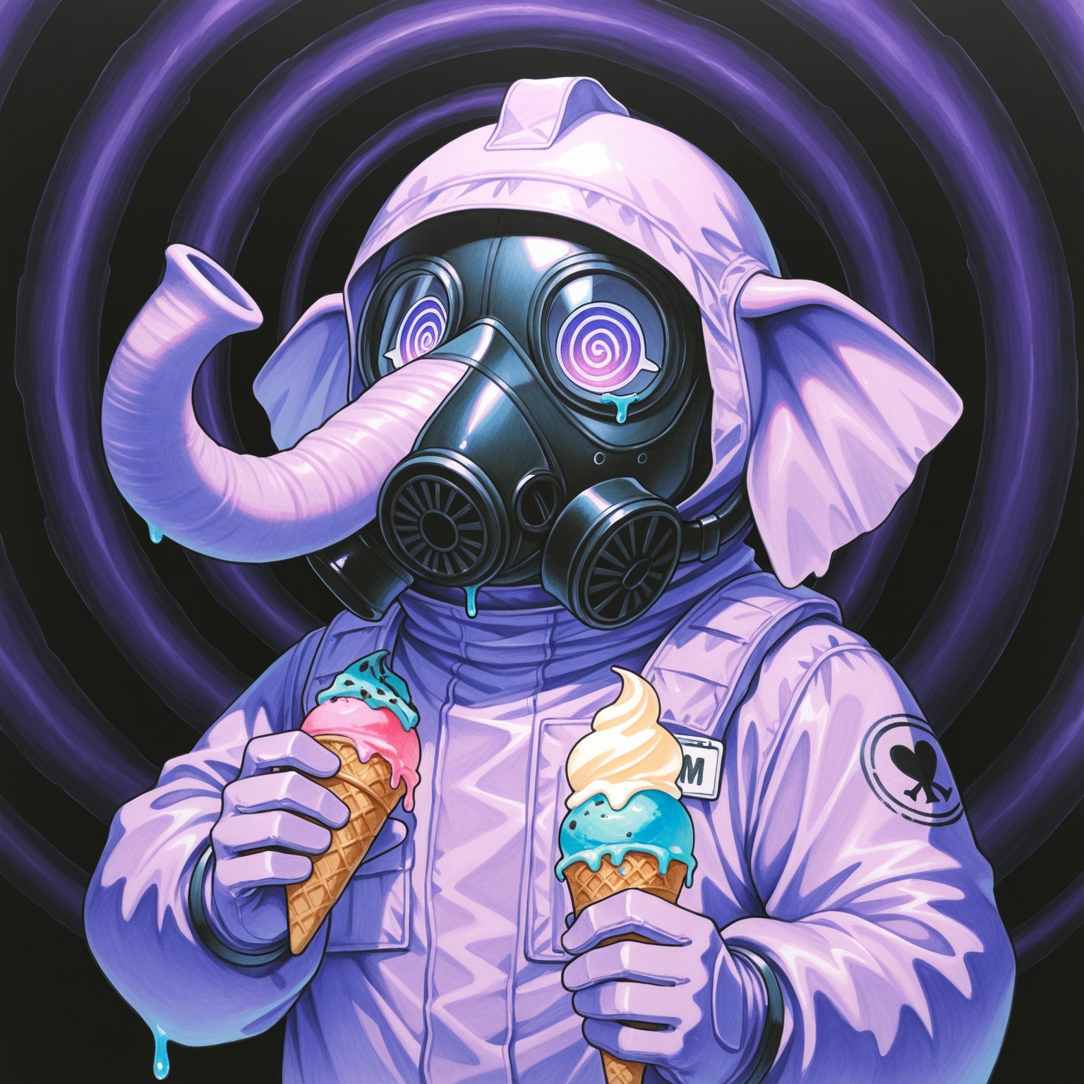 solo, lukch, no humans, upper body, elephant, eating ice cream, purple ice cream, dripping, imminent eating, open mouth, gas mask, mouth drool, spiral pupils, hazmat suit, gas mask, sick, symbol, poison,
traditional media, best quality, absurdres, [dynamic pose]