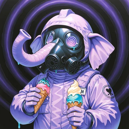 solo, lukch, no humans, upper body, elephant, eating ice cream, purple ice cream, dripping, imminent eating, open mouth, gas mask, mouth drool, spiral pupils, hazmat suit, gas mask, sick, symbol, poison,
traditional media, best quality, absurdres, [dynamic pose]