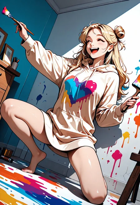 masterpiece, best quality, flat color, 1girl, woman, Bunij, blonde hair, hair buns, brown eyes, large oversized hoodie, hoodie dress, bare legs, bare feet, happy, laughing, Expressiveh, holding paint brush, painting walls, colorfull paint everywhere, dynamic pose, dynamic angle, detailed background, empty room, white walls, colorfull paint splashes on walls, sunny day, highly detailed, zPDXLpg