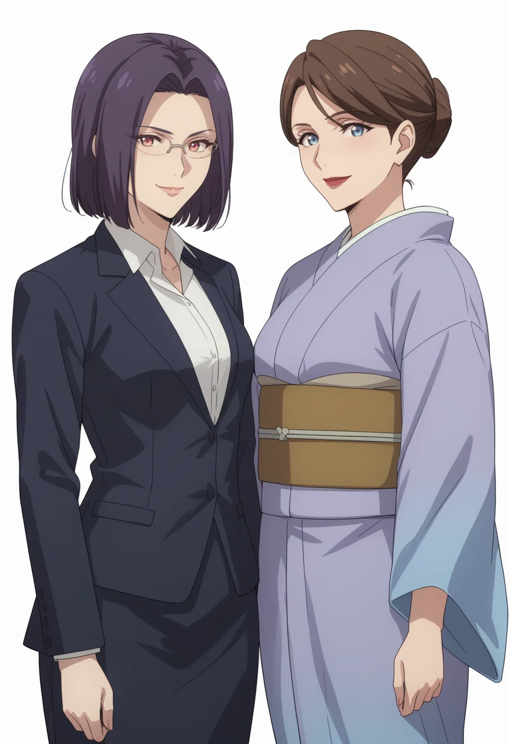 white background, ,2girl, smile, looking at viewer, standing, mature female, BREAK
score_9, score_8_up, score_7_up, source_anime,   <lora:DX888YumikaRaiha:1> ,  BREAK
tsuge raiha, purple hair,  red eyes, glasses,suit, pencil skirt, bob cut,   BREAK
sakuraba yumika, brown hair, blue eyes, lipstick, purple kimono, hair bun BREAK