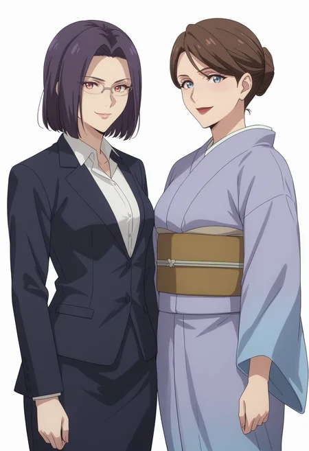 white background, ,2girl, smile, looking at viewer, standing, mature female, BREAK
score_9, score_8_up, score_7_up, source_anime,   <lora:DX888YumikaRaiha:1> ,  BREAK
tsuge raiha, purple hair,  red eyes, glasses,suit, pencil skirt, bob cut,   BREAK
sakuraba yumika, brown hair, blue eyes, lipstick, purple kimono, hair bun BREAK