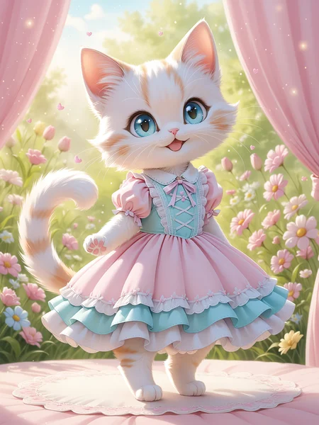 chibi pastel-colored cat character, beautiful dress, soft pastel background, dreamy setting, gentle lighting, whimsical, playful, detailed, high contrast, hyper-realistic, charming, joyful, imaginative, high-definition, soft focus, light-hearted, cute atmosphere