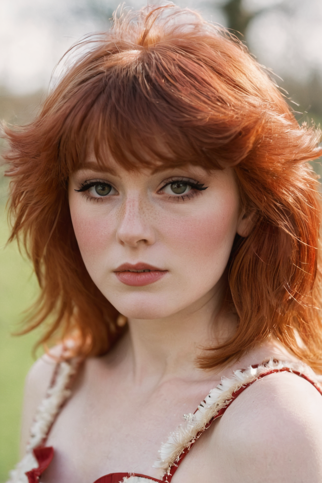 80s style portrait shot, a beautiful American girl with  red feathered hair, bt80hast, feathered bangs, ideal face, 80s dress, pale skin, blush, detailed skin, innocent, natural lighting, film grain, retro,(bokeh:1.3), Porta 160 color, shot on ARRI ALEXA 65, sharp focus on subject, Fujifilm XT-3, <lora:BT_80s_Hairstyles_XL:0.7>