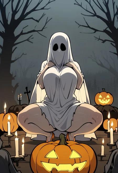 5H33TGH05T, sheet_ghost, (1girl), solo focus, breasts, big ass, curvy, high_heels, stiletto_heels, squatting:1.2 fishnets, (high_heels), covering_face, ghost_costume, spooky trees, dead trees, branches, orange pumpkin, jack_o'lantern, flickering, candle, cloudy,