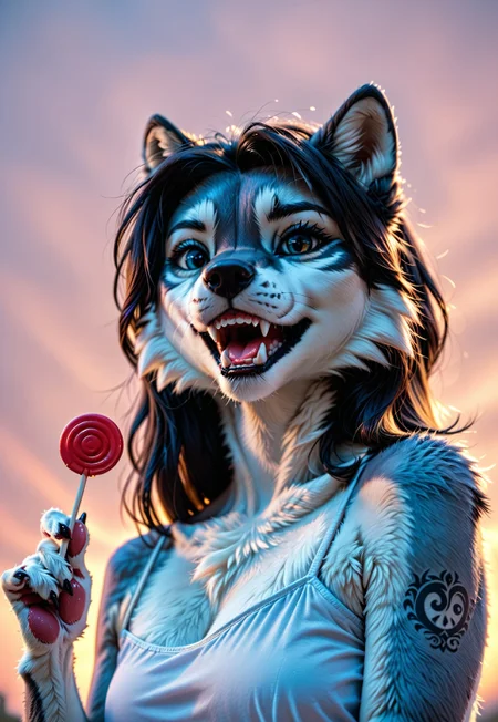 score_9, score_8_up, score_7_up, score_6_up, photorealistic, epiCPhotoGasm-colorfulPhoto, Realistic, highres, super high resolution, 8k, photo, furry, Furry, anthro, fur, wolf, female, 1girl, bare shoulders, number tattoo, teeth, lips, narrow mouth, solo, looking at viewer, open mouth, holding lollipop, chupa chups, upper body, from below, back lighting, dark, multicolored background, colorful, best quality, very aesthetic