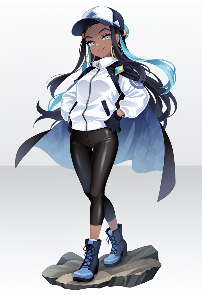 masterpiece, best quality, 1girl, solo, eyelashes, (beautiful eyes), smile, smug,   zzNessa, dark skin, makeup, hands on hips,  <lora:NessaPokemonIXL_e07:1.0>,  dynamic pose, standing on rock, big waves in background,   C0utur3Cr4z3, solo, gloves, long sleeves, hat, standing, jacket, full body, boots, black gloves, cape, black footwear, gradient, gem, zipper, blue footwear,   <lora:CoutureCraze_IXL:1.0>,