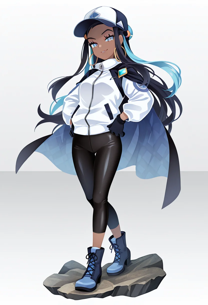 masterpiece, best quality, 1girl, solo, eyelashes, (beautiful eyes), smile, smug,   zzNessa, dark skin, makeup, hands on hips,  <lora:NessaPokemonIXL_e07:1.0>,  dynamic pose, standing on rock, big waves in background,   C0utur3Cr4z3, solo, gloves, long sleeves, hat, standing, jacket, full body, boots, black gloves, cape, black footwear, gradient, gem, zipper, blue footwear,   <lora:CoutureCraze_IXL:1.0>,