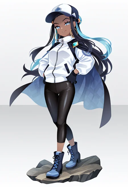 masterpiece, best quality, 1girl, solo, eyelashes, (beautiful eyes), smile, smug, zzNessa, dark skin, makeup, hands on hips, <lora:NessaPokemonIXL_e07:1.0>, dynamic pose, standing on rock, big waves in background, C0utur3Cr4z3, solo, gloves, long sleeves, hat, standing, jacket, full body, boots, black gloves, cape, black footwear, gradient, gem, zipper, blue footwear, <lora:CoutureCraze_IXL:1.0>,