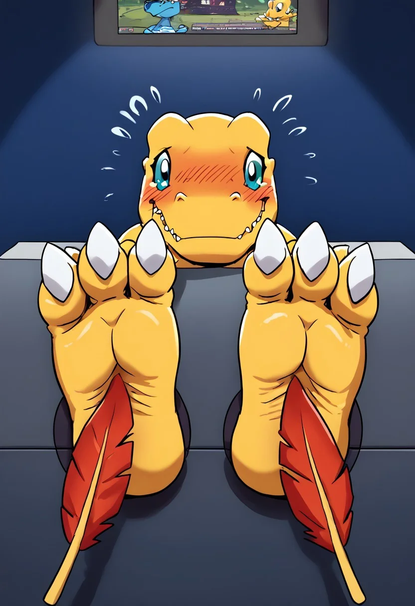 score_9,score_8_up,  <lora:OtherStyle_01:0.6>, .paws through wall. ((three toes with claws)), soft soles, ((cute feet)), toes curling. paws wiggling, paws shaking. 
((((face on monitor)))). (agumon, blushing, laughing hard, nervous, ticklish, embarrassed.)
((tickling agumon's feet with a single feather))
detailed, anime, masterpiece, dynamic lighting.