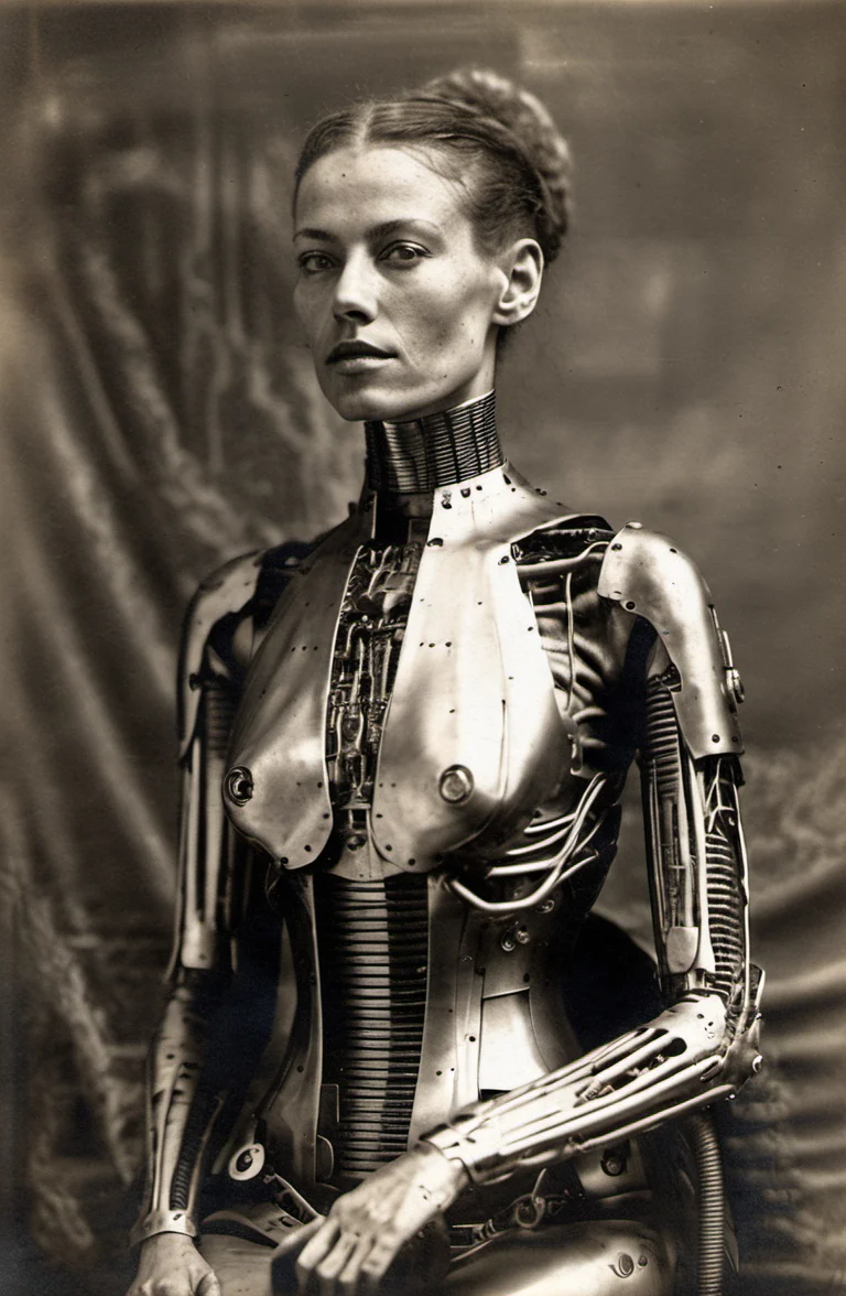 Medium Elongated Cyborg woman, Luxurious, Asymmetrical <lora:rppc-final:1.1>