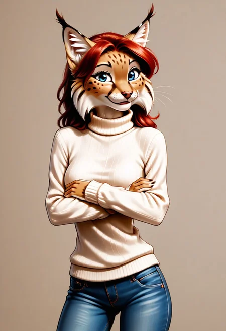 digital_media_(artwork) hi_res, score_9, score_8_up, score_7_up, score_6_up, source_furry, rating_safe, anthro, furry, female, furry female, detailed textured fur, fur tufts, lynx, red hair, blonde brown fur, spots, beautiful blue eyes, medium breasts, covered breasts, slim, slender, turtleneck sweater, denim jeans, smile, SFW,