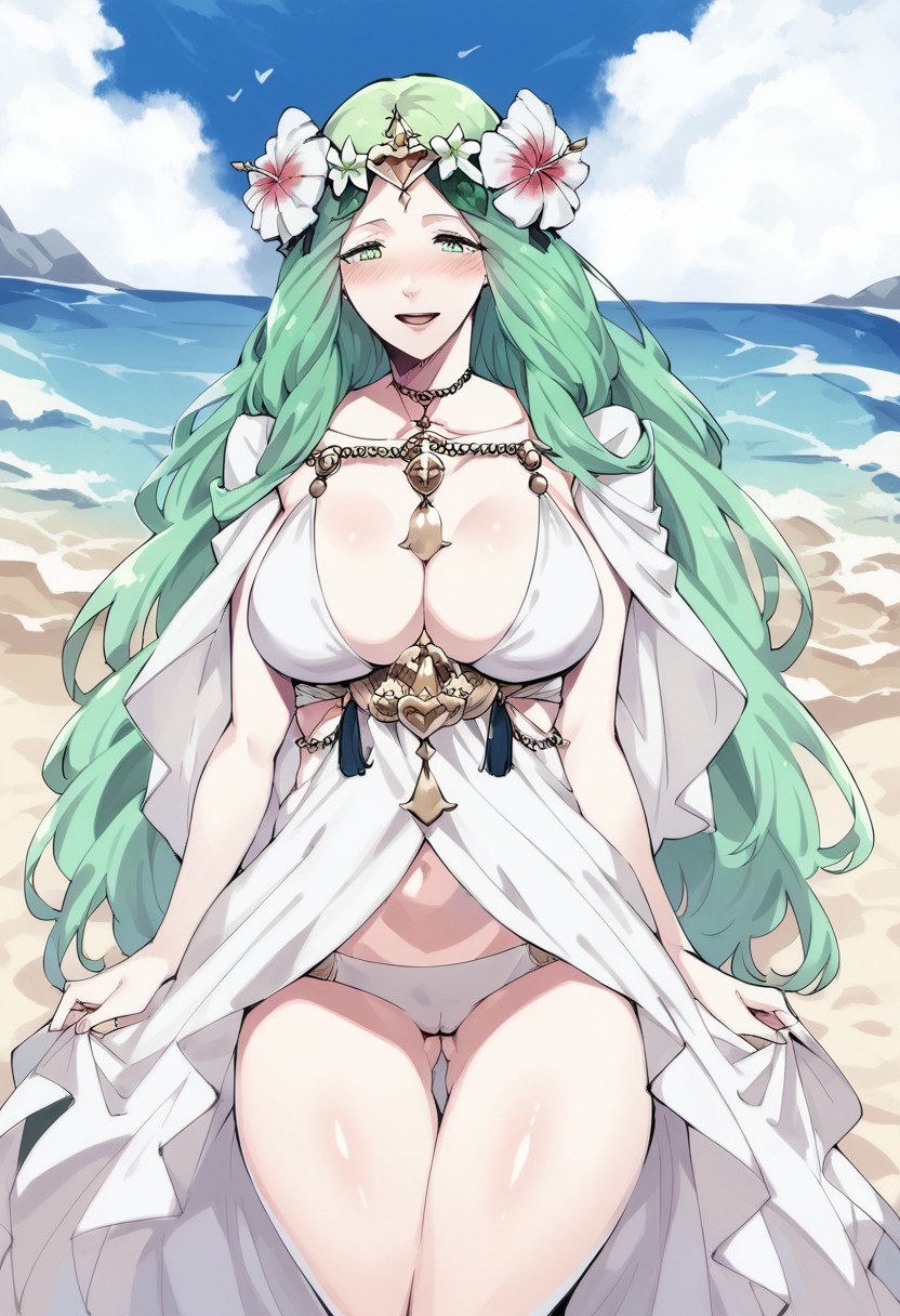 score_9, score_8_up, score_7_up,  <lora:dannex009:1>, uncensored, 1girl, Rhea, green hair, long hair, hair flower, hair ornament, white bikini, swimsuit, large breasts, beach
